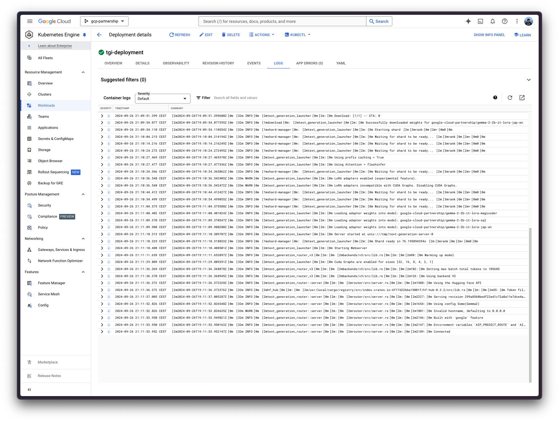 GKE Deployment Logs in the GCP Console