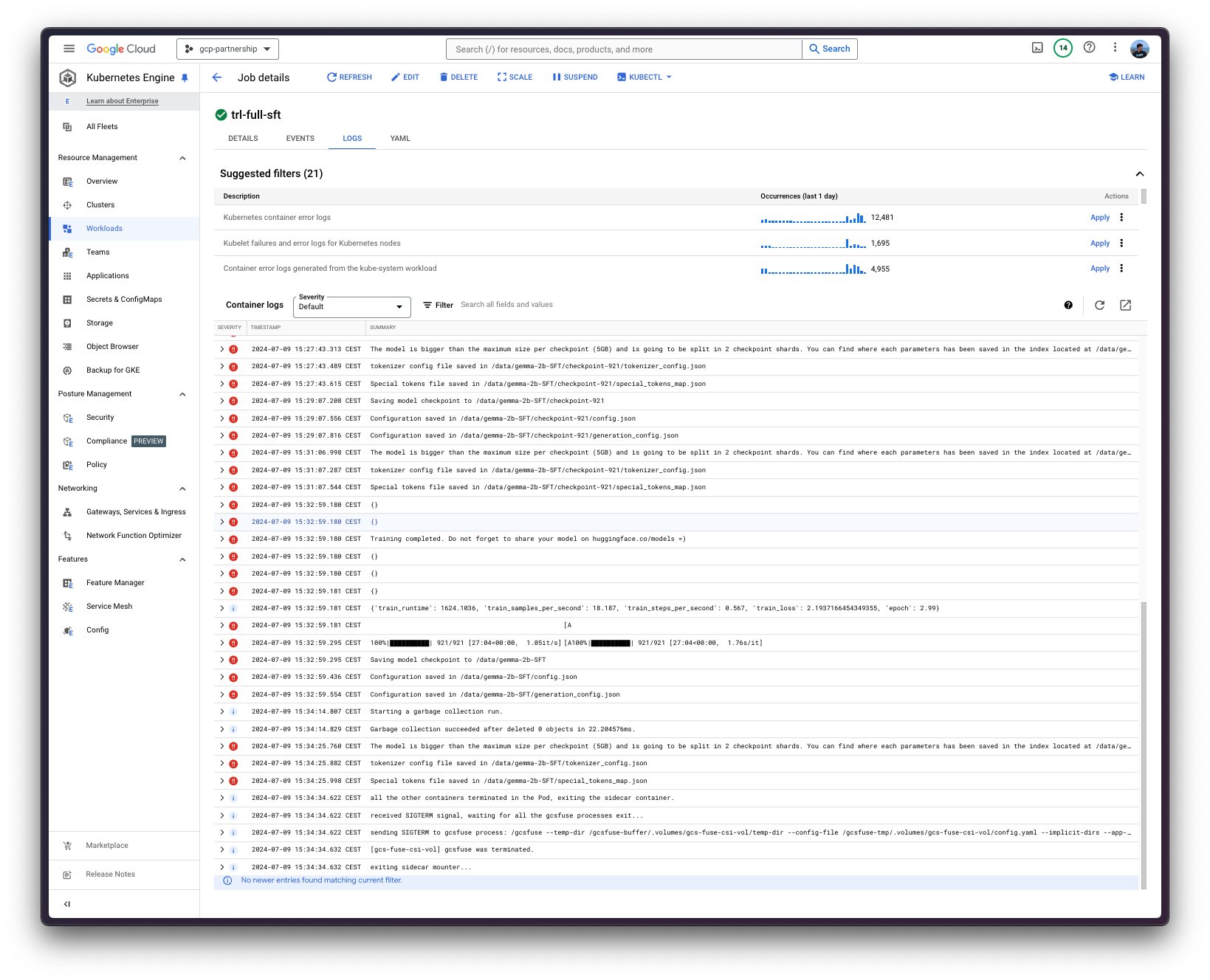 GKE Job Logs in the GCP Console