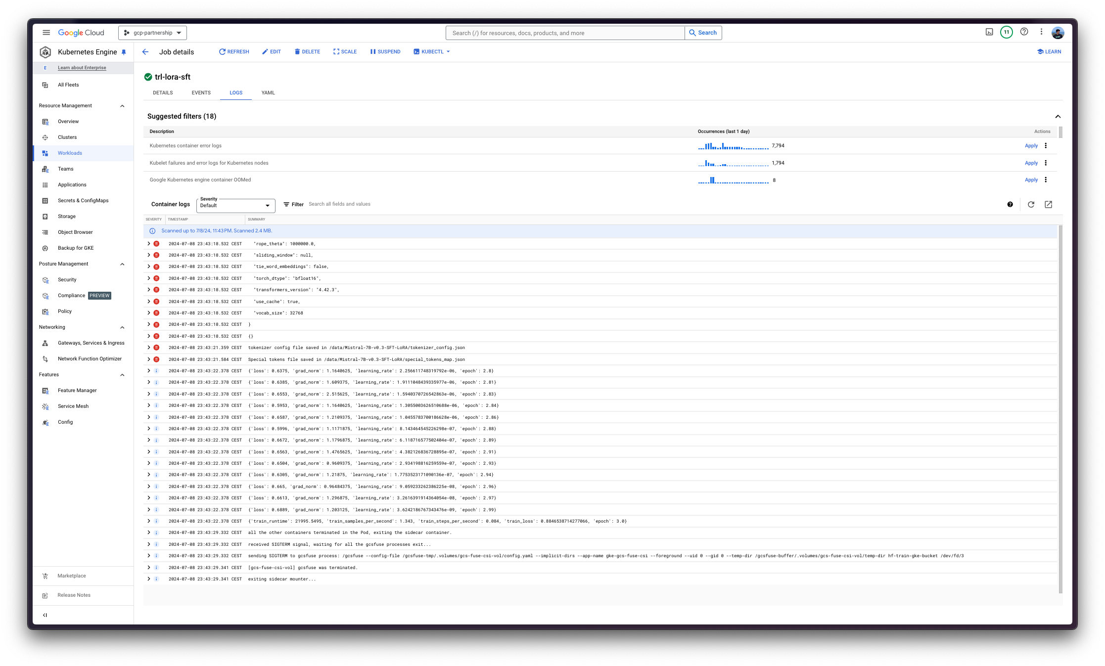 GKE Job Logs in the GCP Console