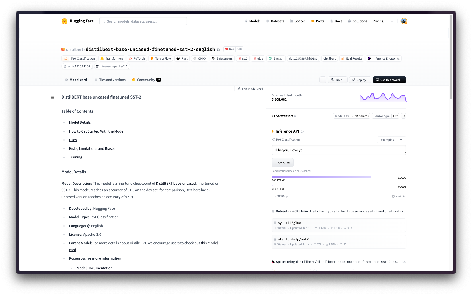 'distilbert/distilbert-base-uncased-finetuned-sst-2-english' in the Hugging Face Hub