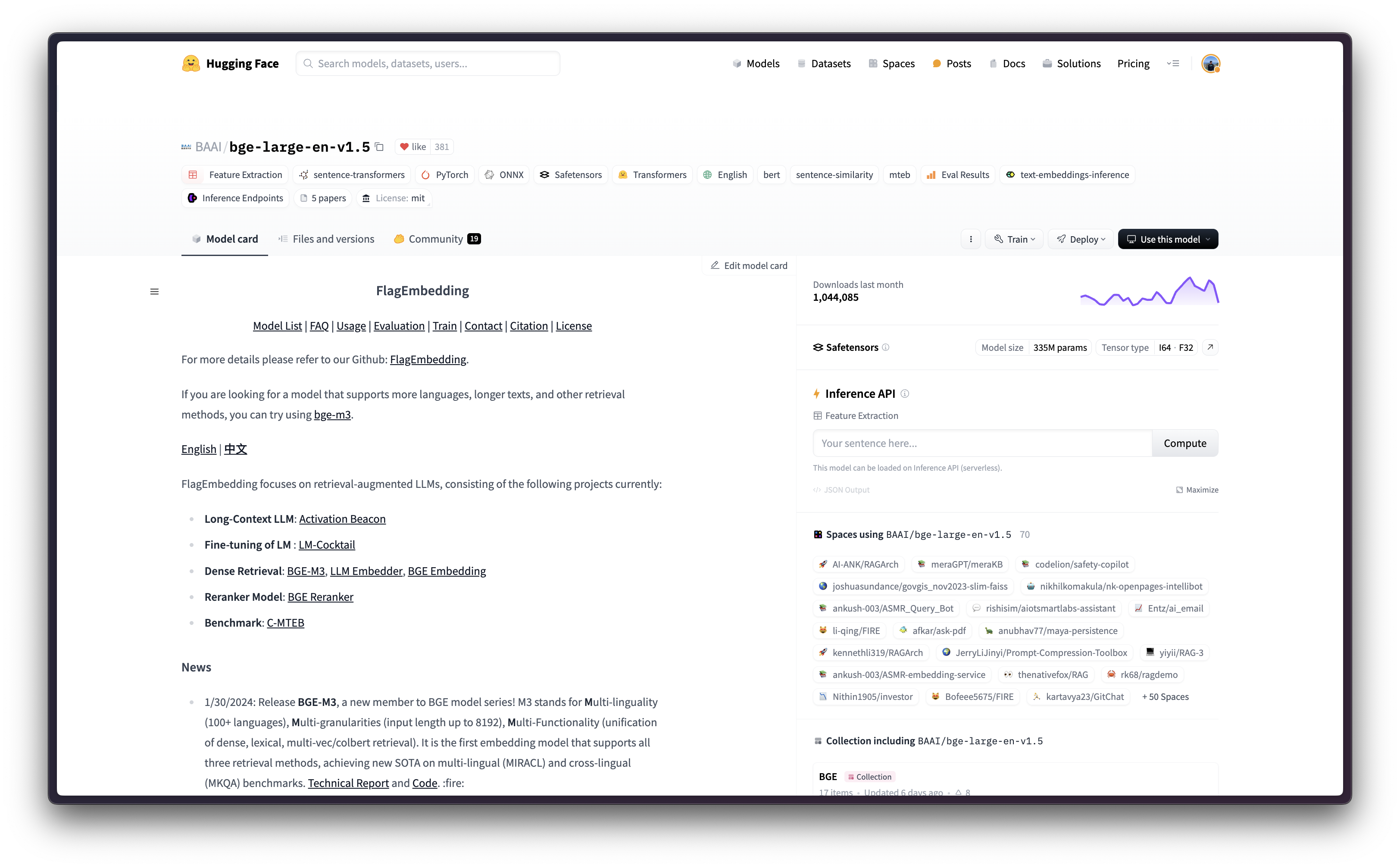 'BAAI/bge-large-en-v1.5' in the Hugging Face Hub
