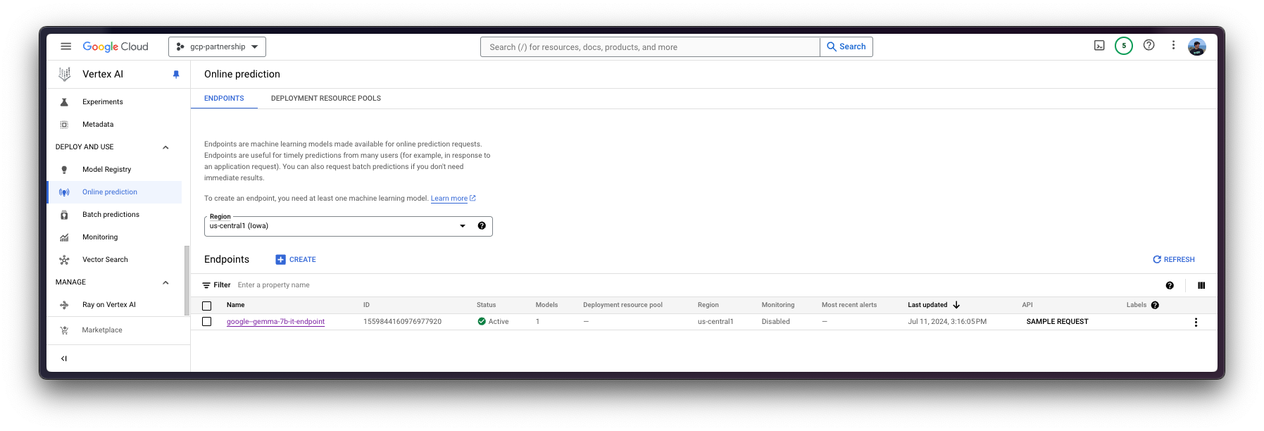 Vertex AI Endpoint running the model