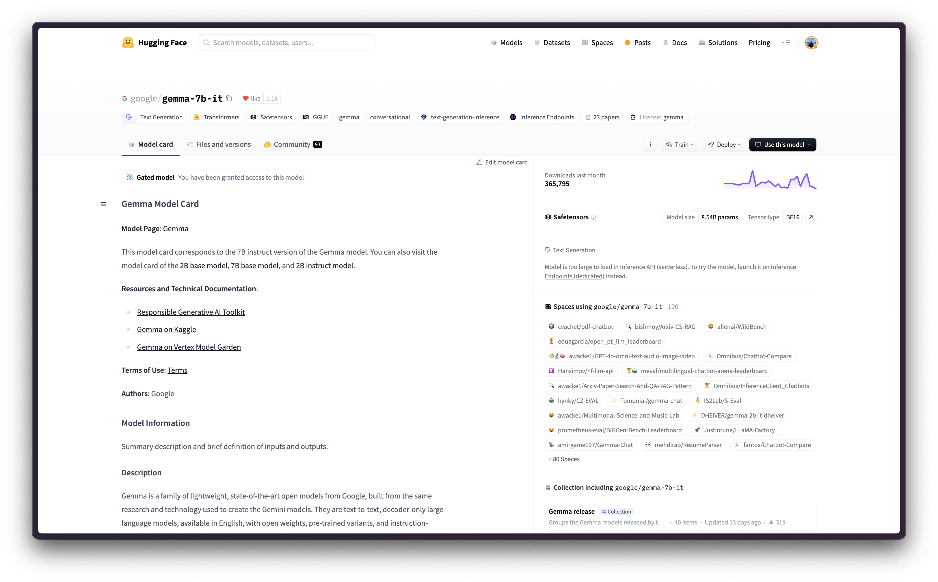 'google/gemma-7b-it' in the Hugging Face Hub