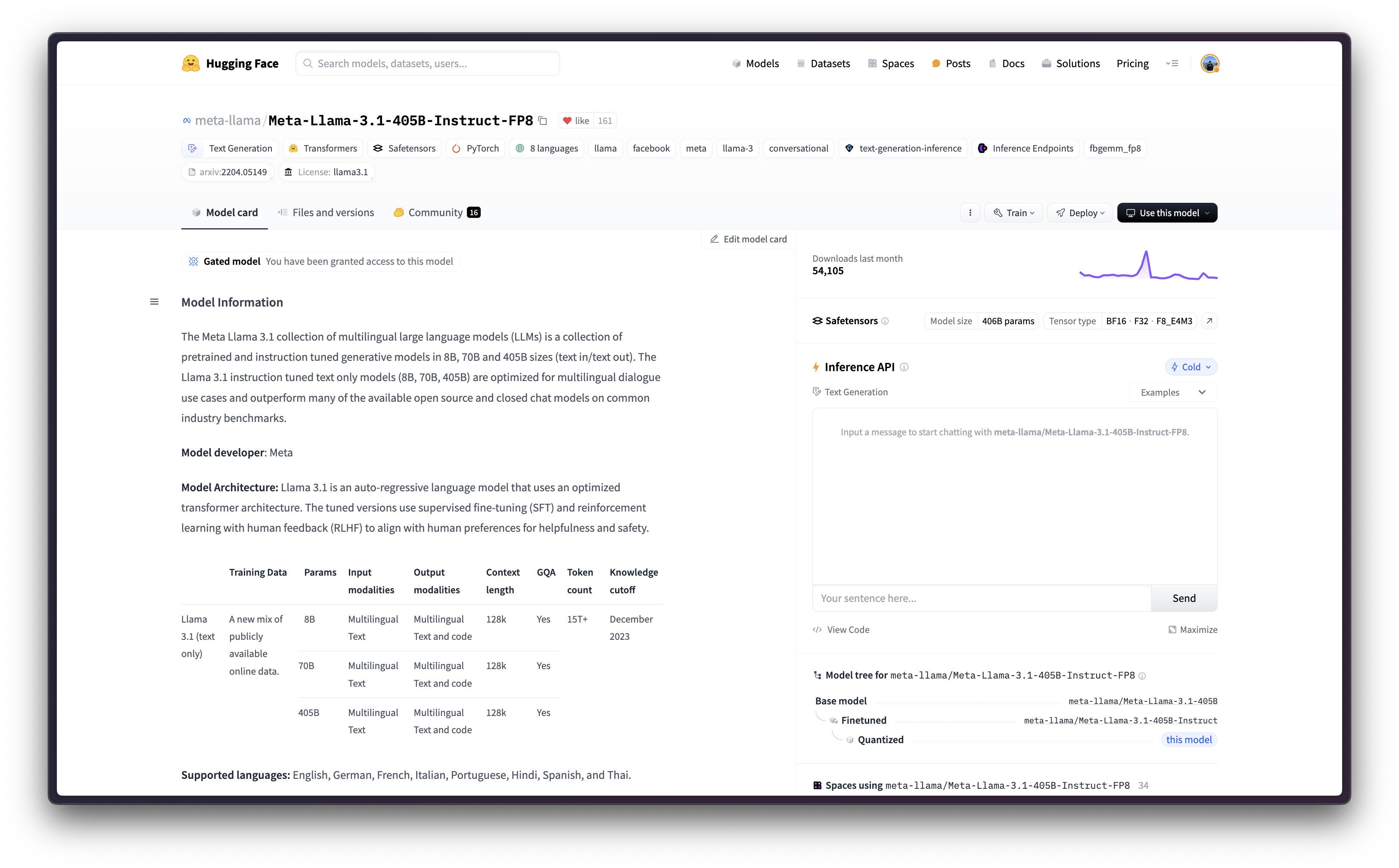 'meta-llama/Meta-Llama-3.1-405B-Instruct-FP8' in the Hugging Face Hub