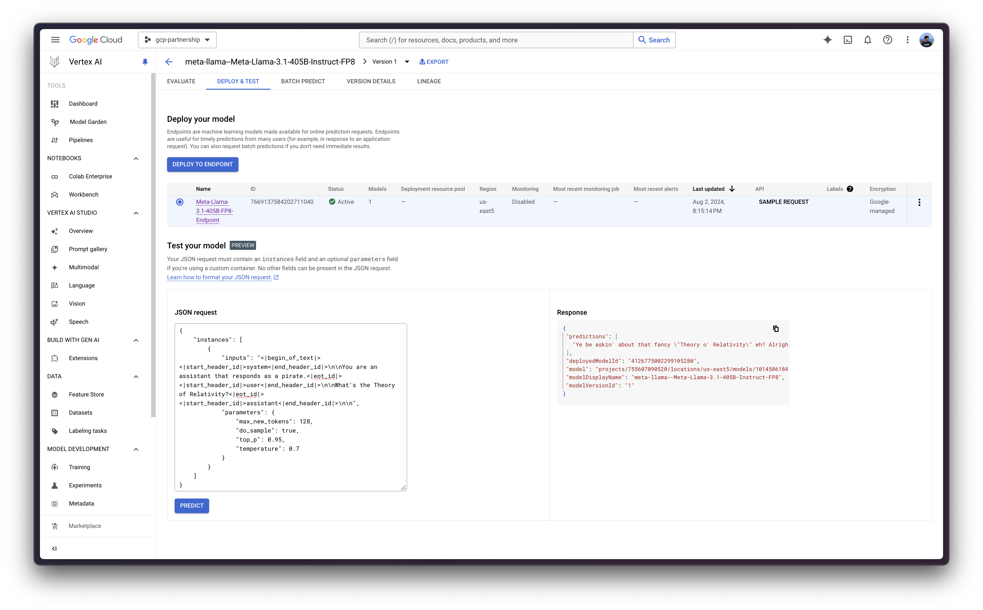 Meta Llama 3.1 405B Instruct FP8 online prediction on Vertex AI