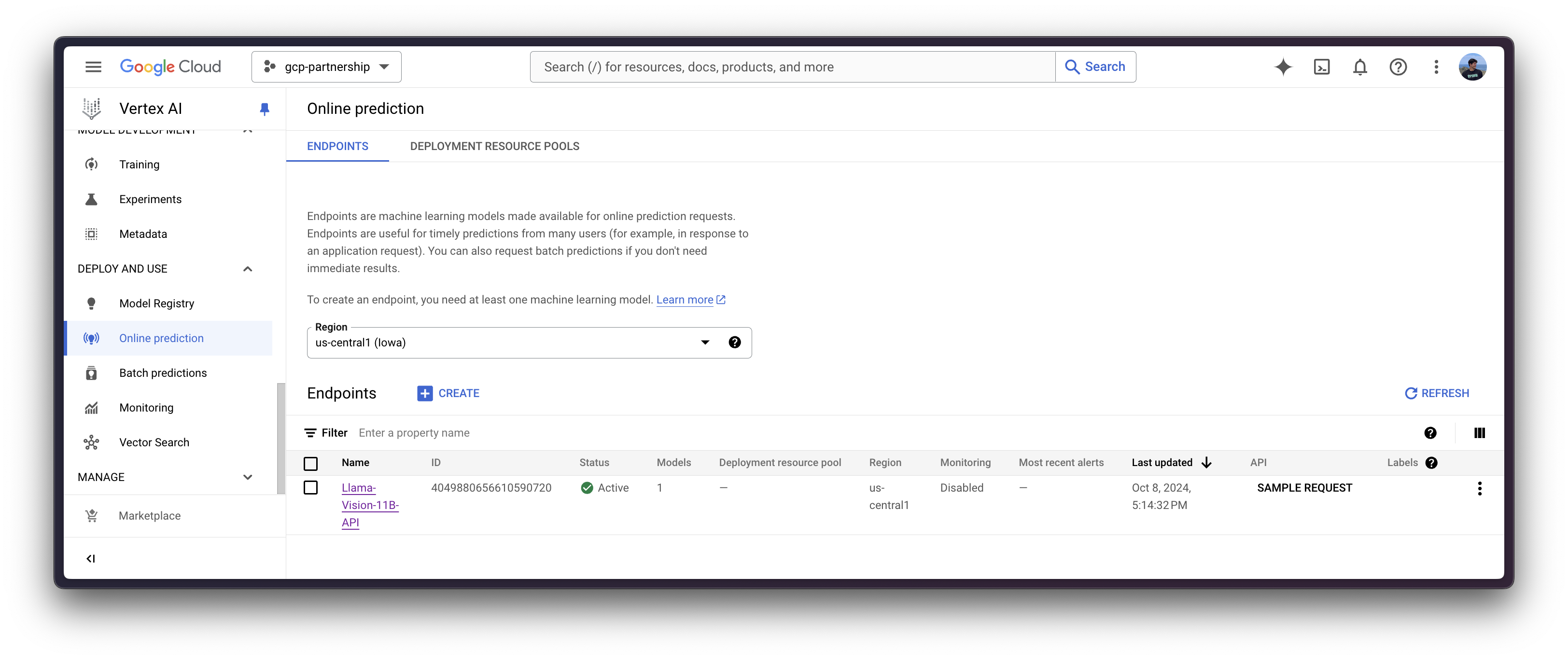 Vertex AI Endpoint running the model