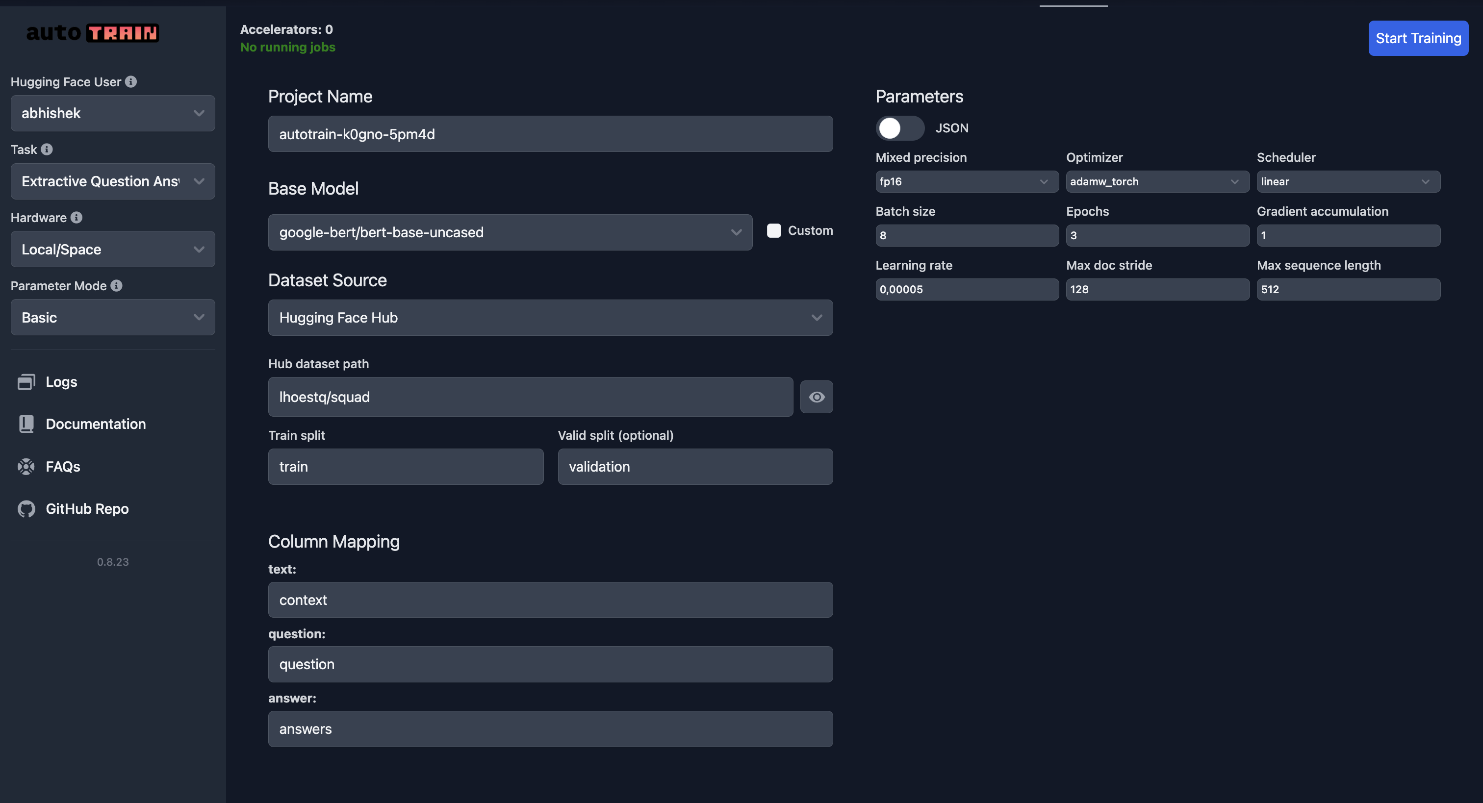 AutoTrain Extractive Question Answering on Hugging Face Spaces