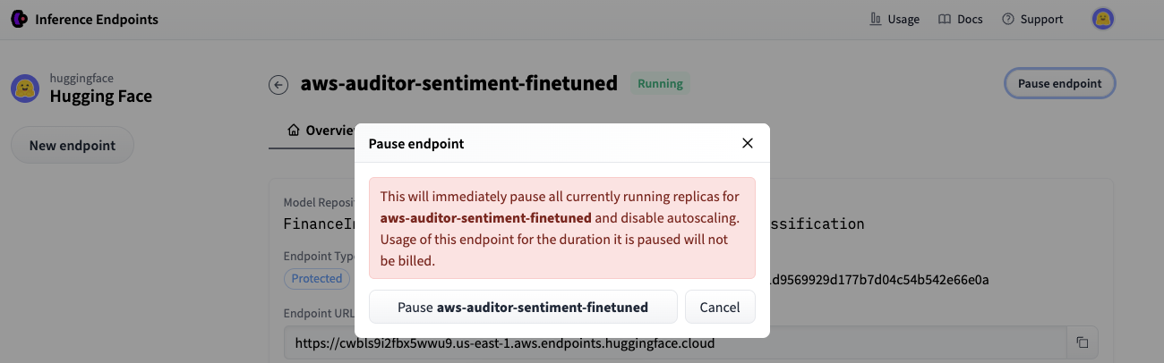 Pause modal confirm Inference Endpoint