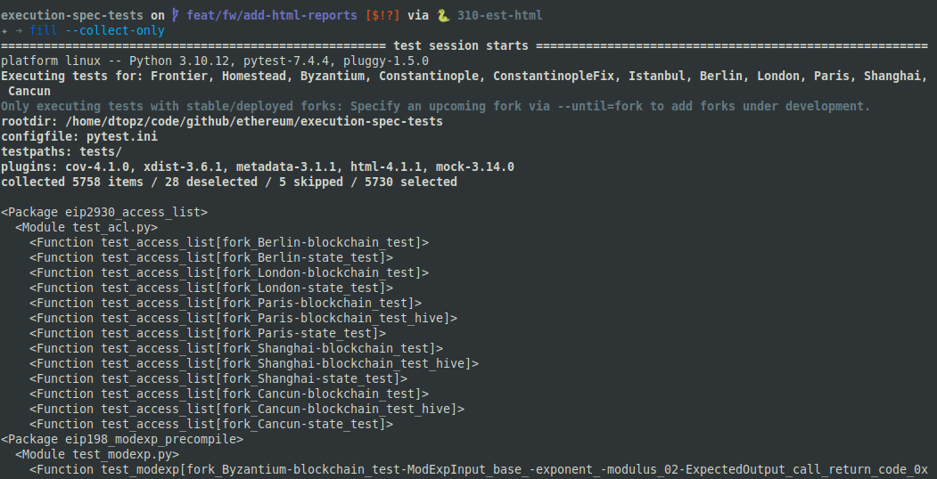 Screenshot of pytest test collection console output