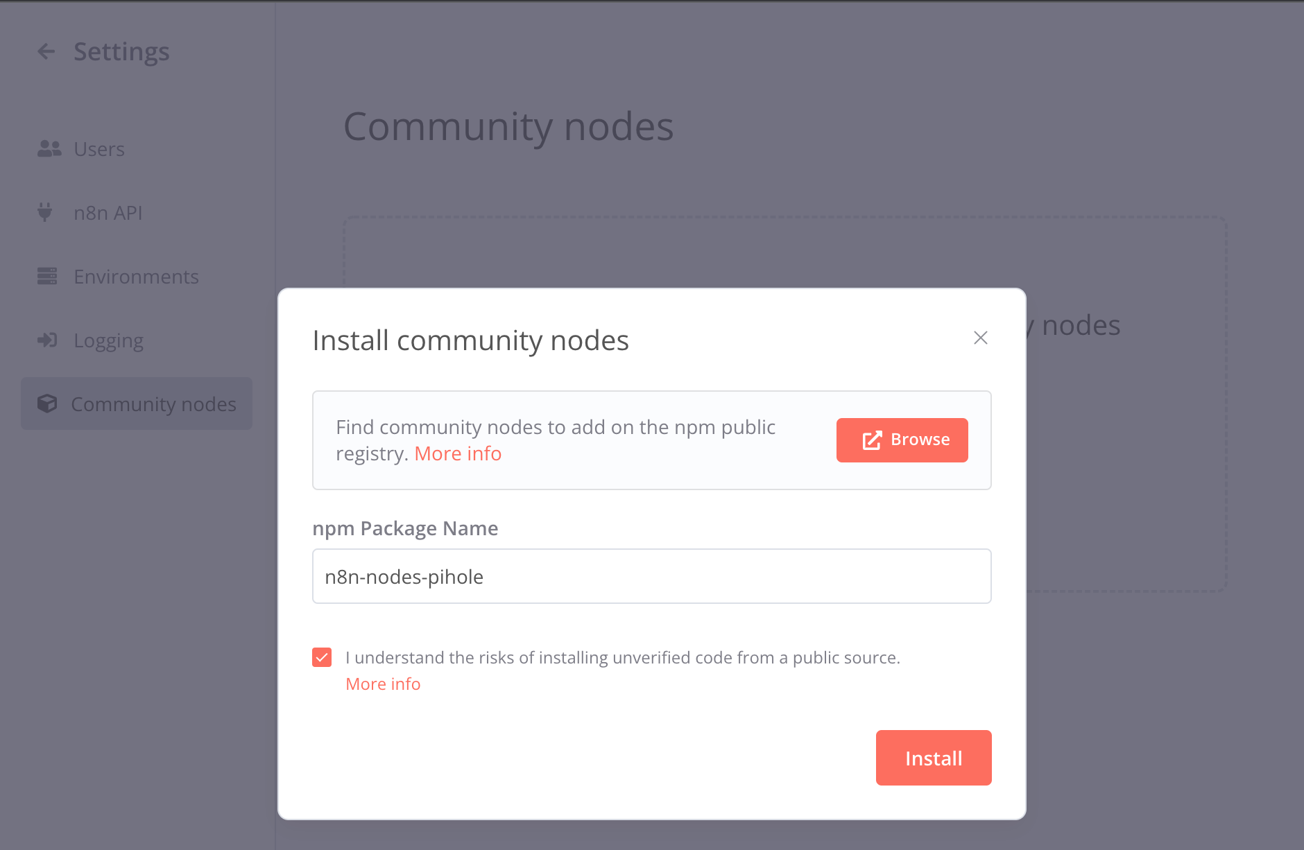 n8n community node install pihole