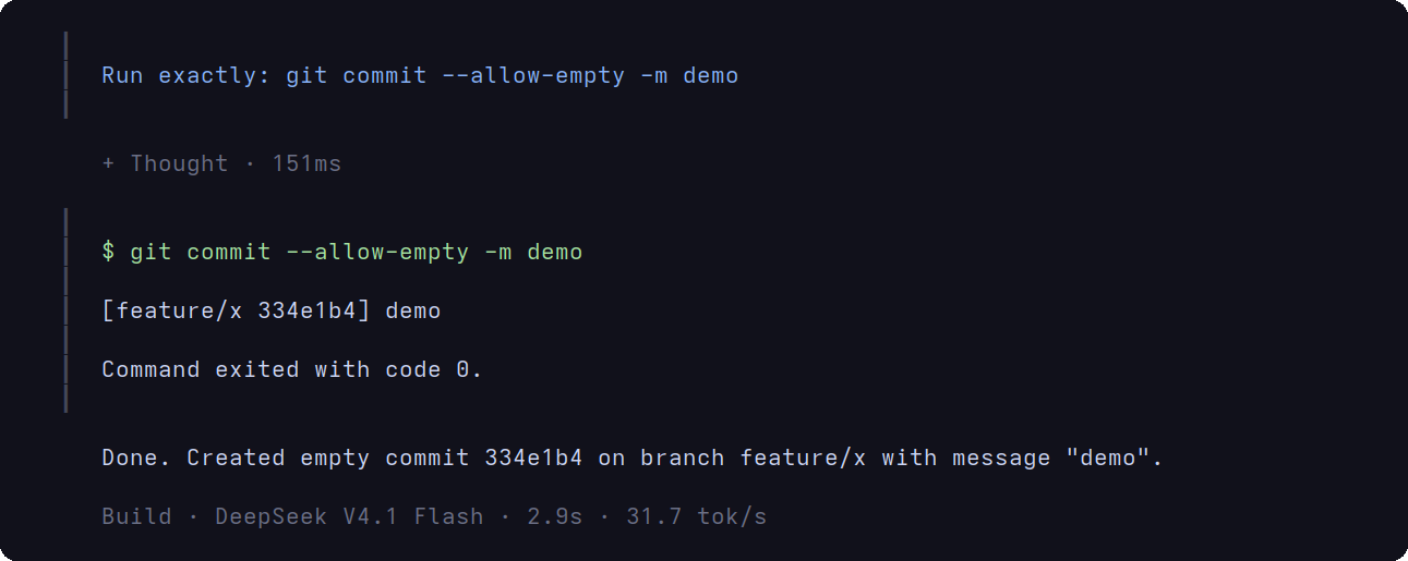 OpenCode runs git commit on a feature branch without a prompt