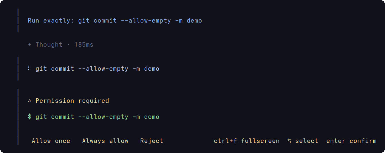 OpenCode asks for approval before running git commit on main