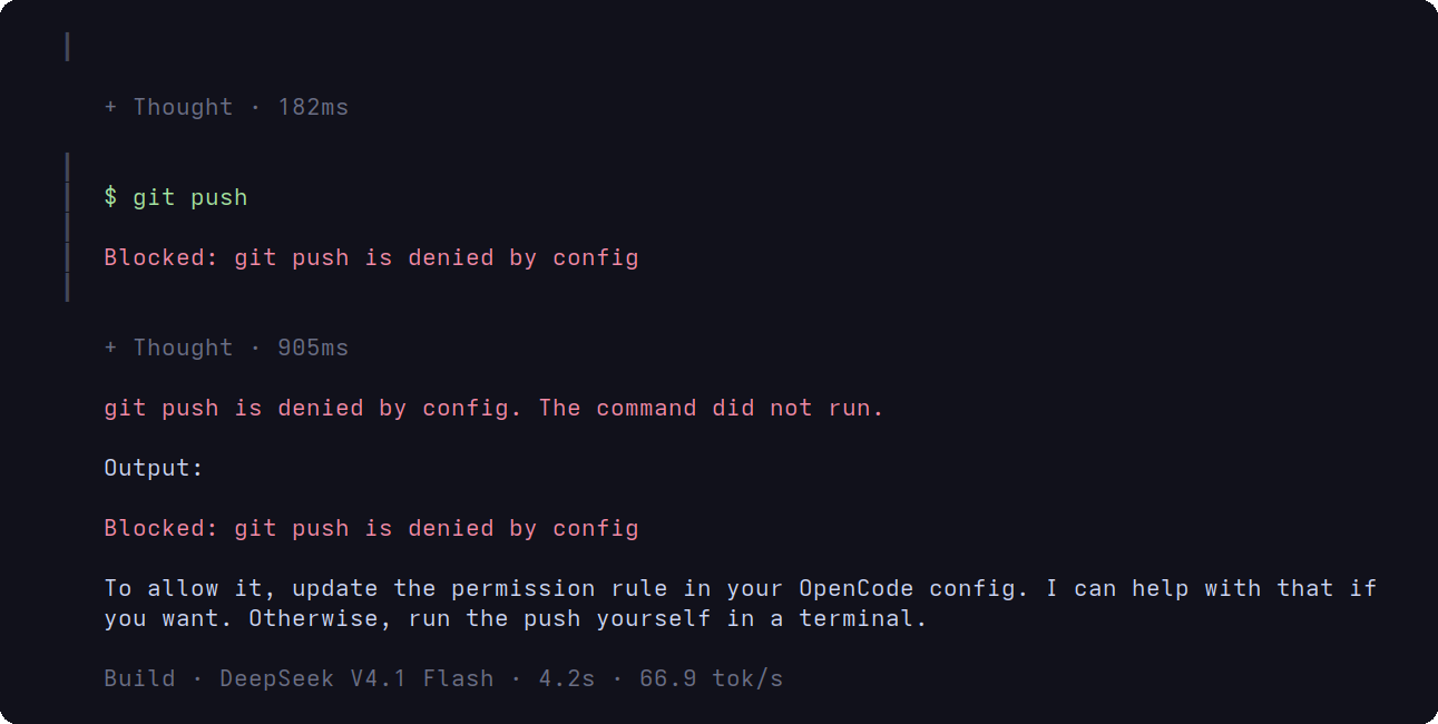 OpenCode blocks git push on main with a config message