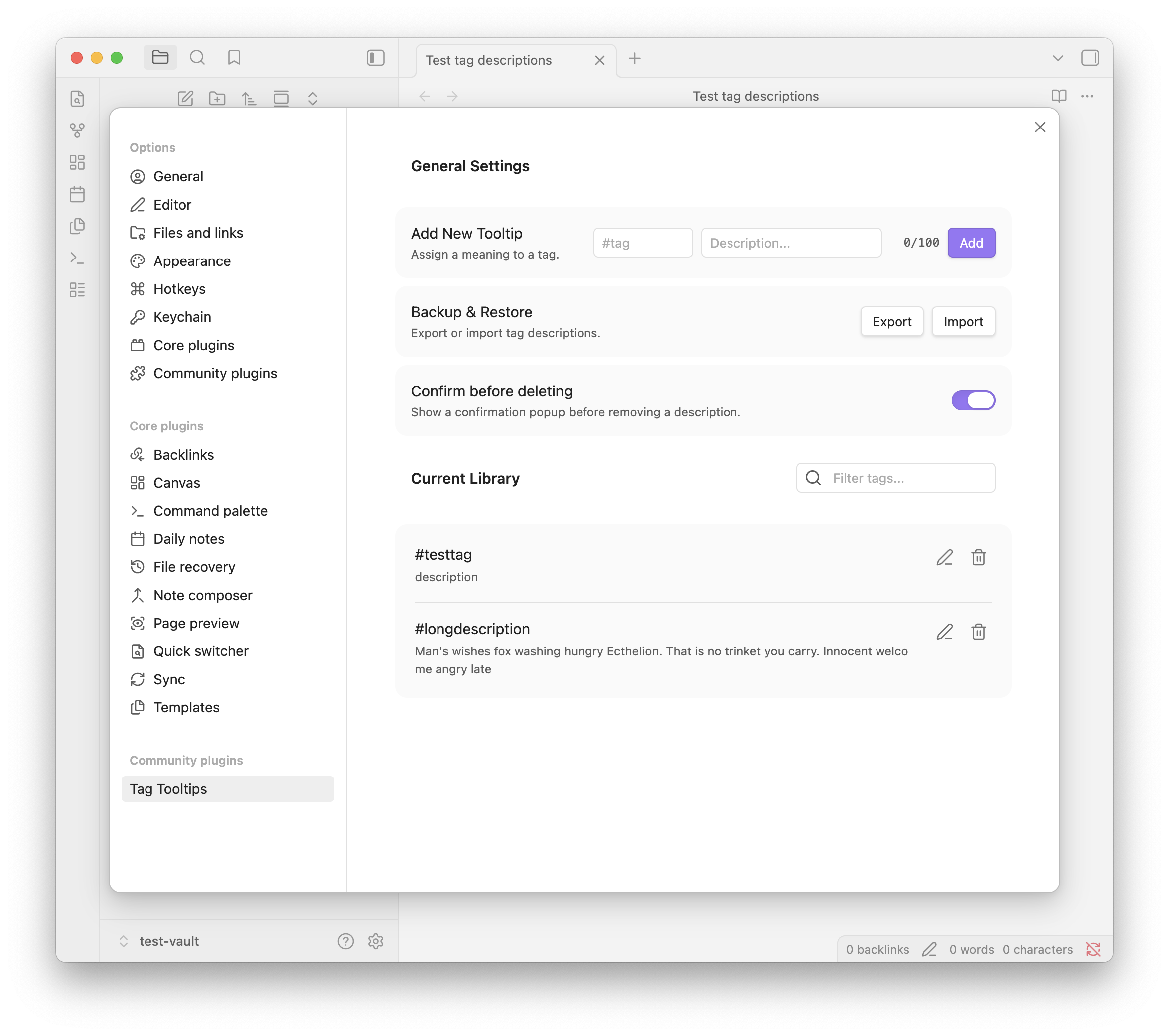 Tag Descriptions screenshot — Plugin settings library