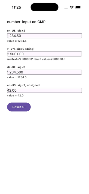 Typing 2500000 into a vi-VN field: digits group live into 2.500.000, then ± flips the sign and Done commits