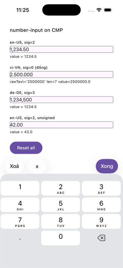 Four fields configured for en-US, vi-VN, de-DE and an unsigned en-US, with the Vietnamese keyboard toolbar