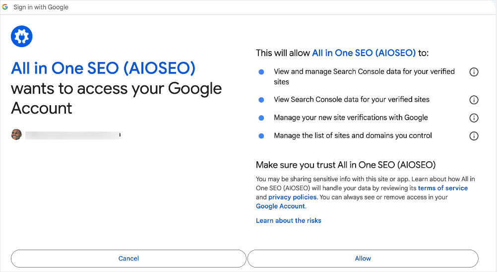 授予 AIOSEO 访问您的 GSC 帐户的权限