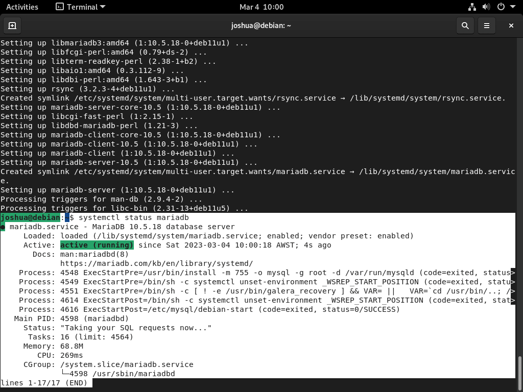 终端截图显示了在 Debian Linux 上安装 WordPress 和 LEMP 后 MariaDB 的活动状态。