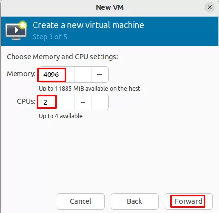 选择内存和 CPU 设置