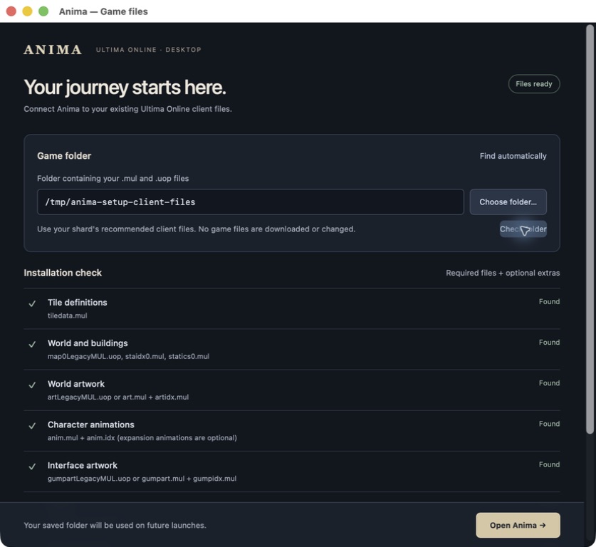 Actual macOS Anima setup showing the required game-file checklist and Open Anima button