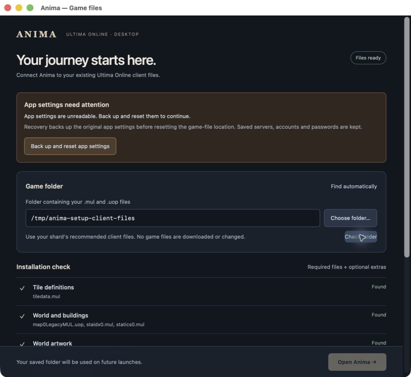 Actual Anima recovery screen preserving damaged disposable app settings before reset