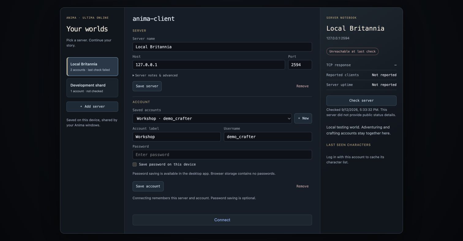 Actual Anima login UI: two saved local servers, separate account profiles, a server note and a cached offline check