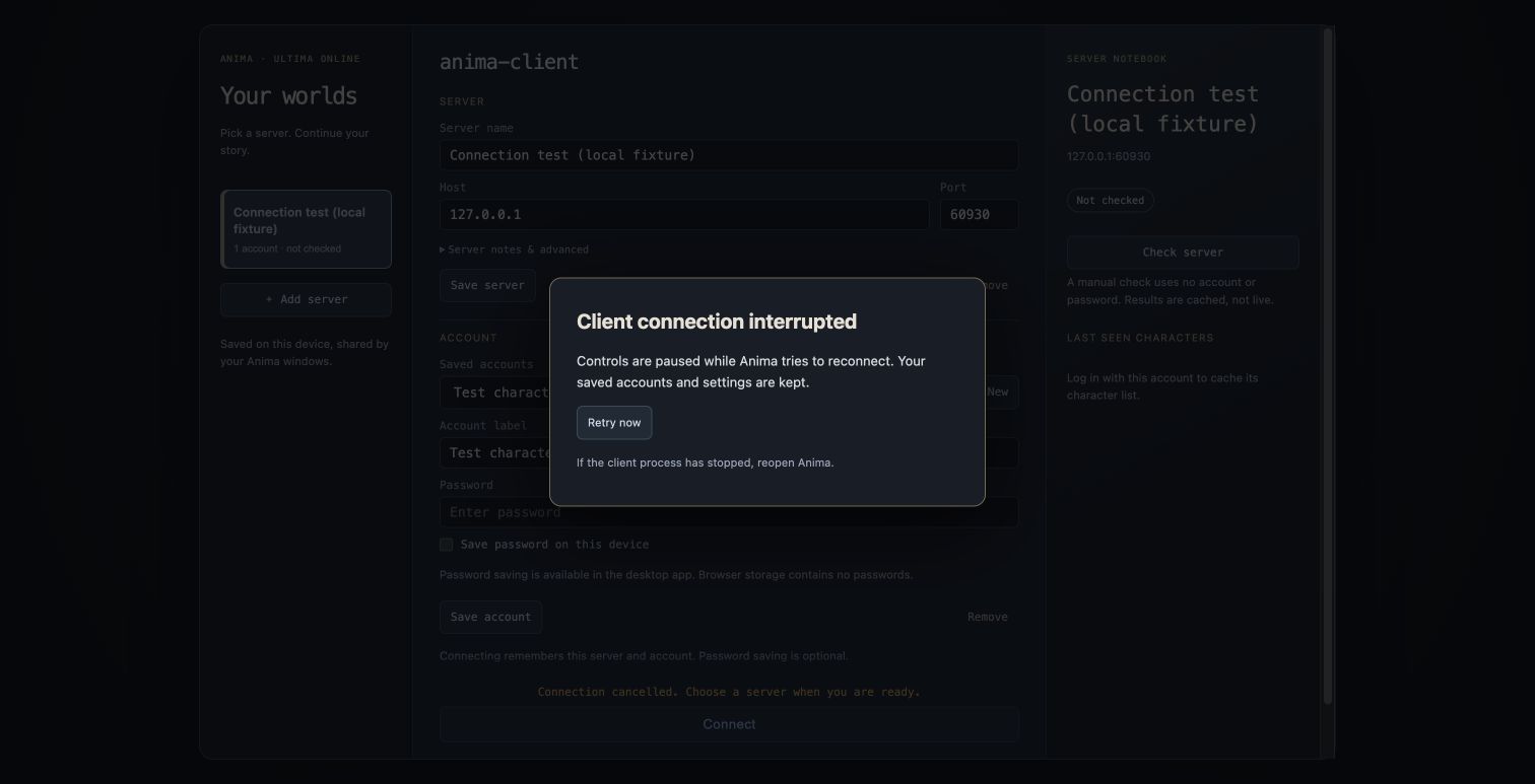Actual Anima interruption notice with Retry now after the disposable native client was stopped