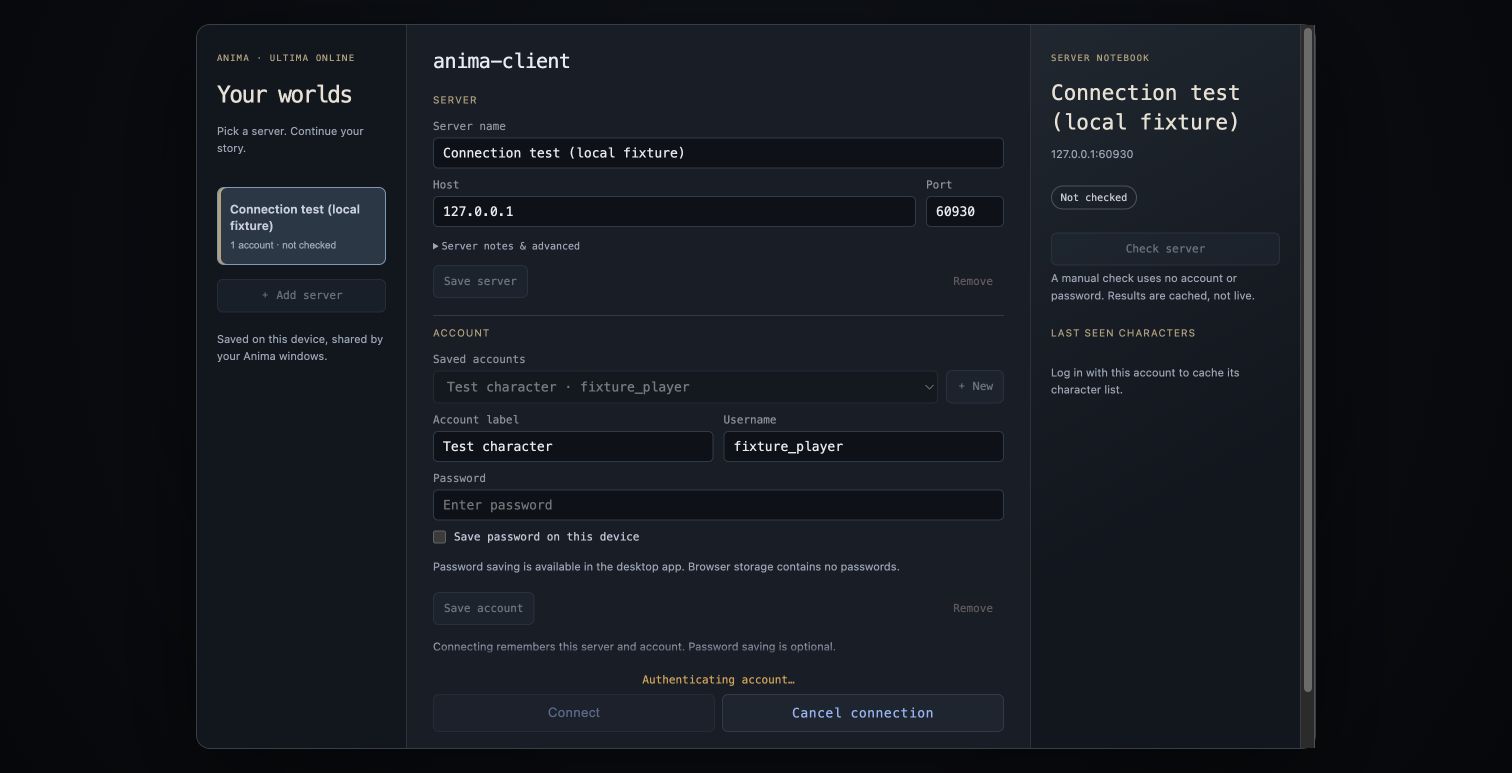 Actual Anima login screen showing authentication progress and Cancel connection for a disposable local fixture
