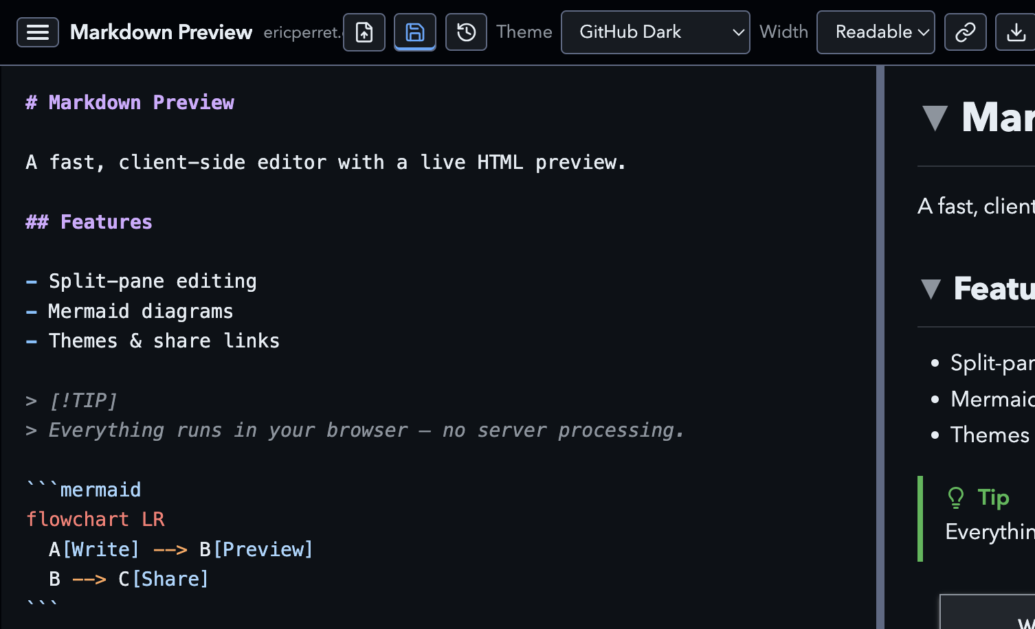 Markdown Preview — split editor and live HTML preview with Mermaid and GitHub alerts