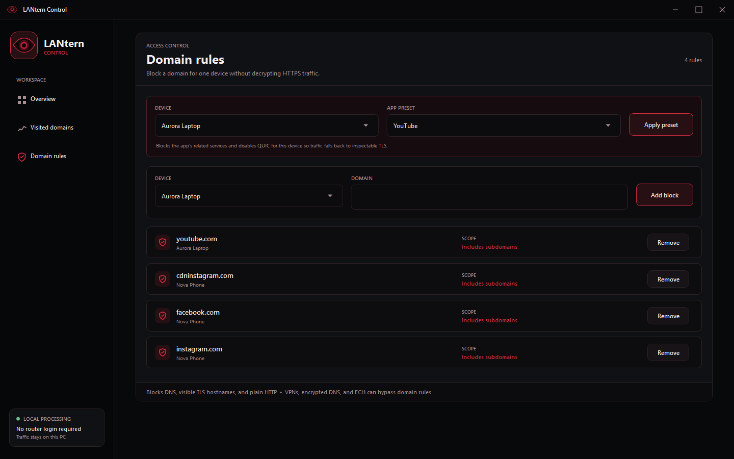 LANtern Control domain rules