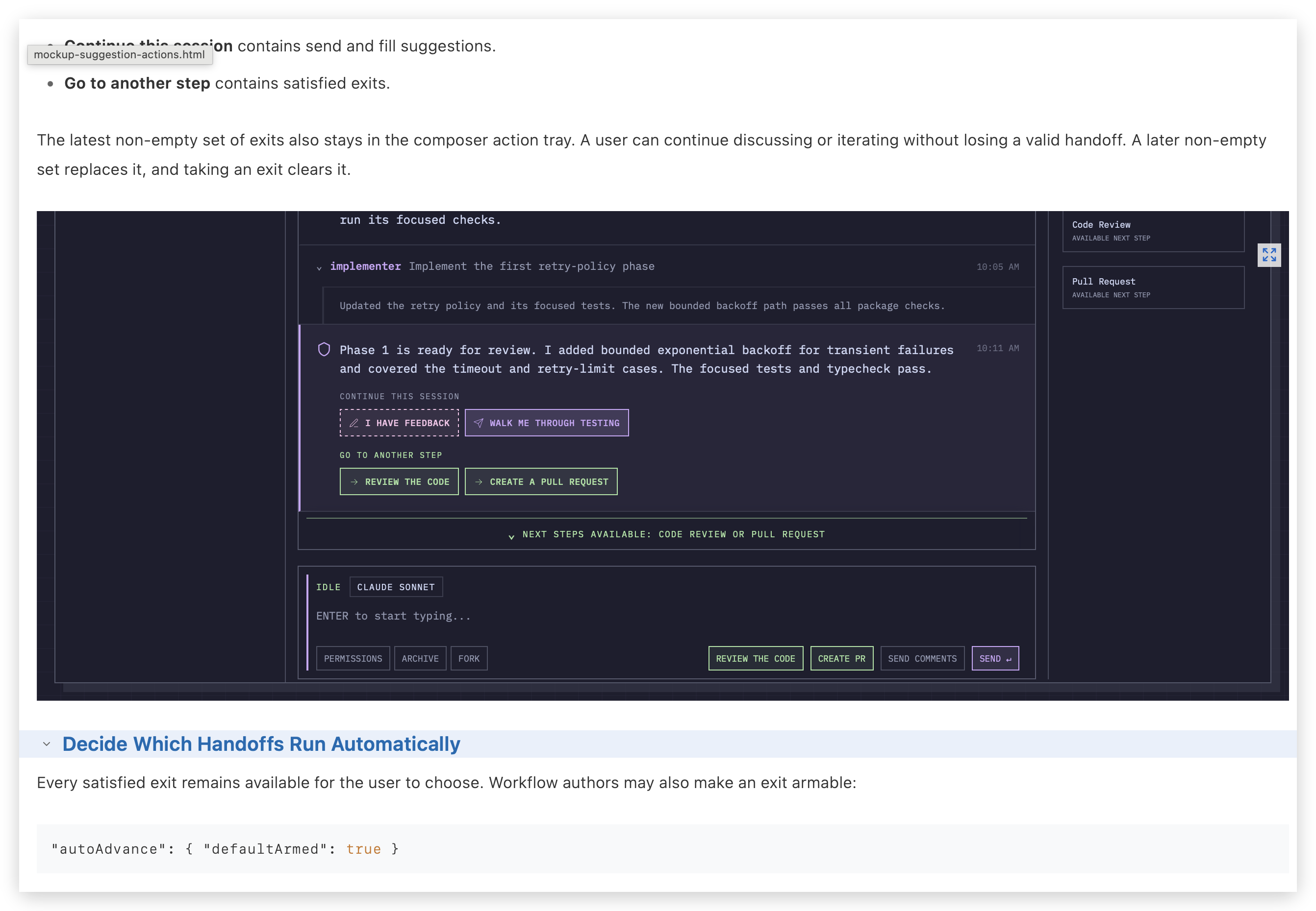 HTML mockup: in-chat handoff suggestions when the agent stops