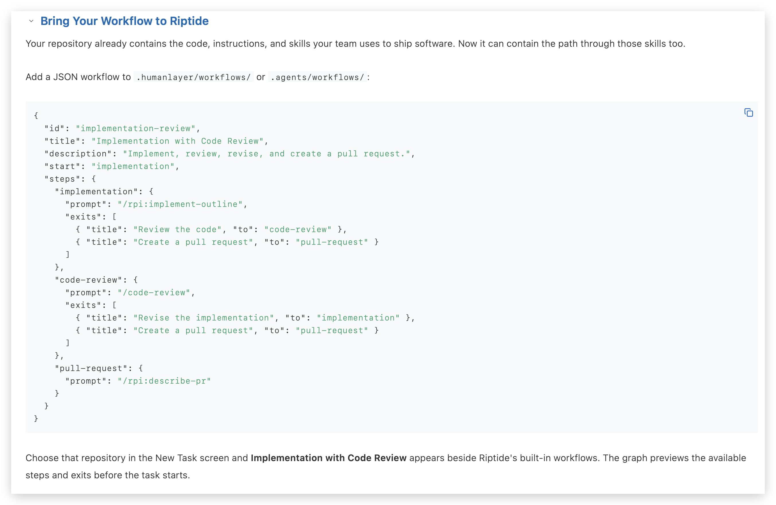 Product-review doc: a JSON workflow outline defining the steps and exits