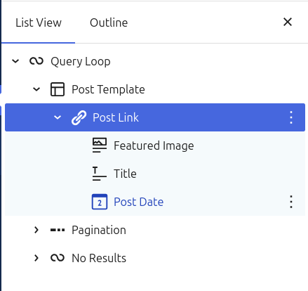 Screenshot of the block editor List View showing a Post Link block containing Featured Image, Title, and Post Date blocks, nested inside a Query Loop