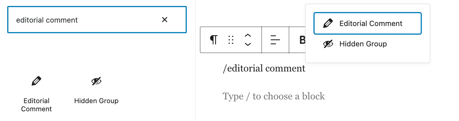 screenshot of both editorial comment block insertion options