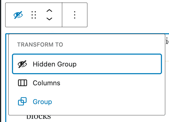screenshot of converting a hidden group back to a group