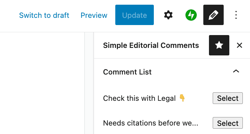 screenshot of comment list sidebar