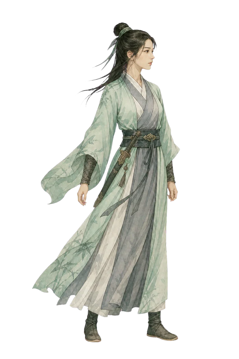 青灰衣女劍客佩著入鞘長劍走入渡口，停在雨中