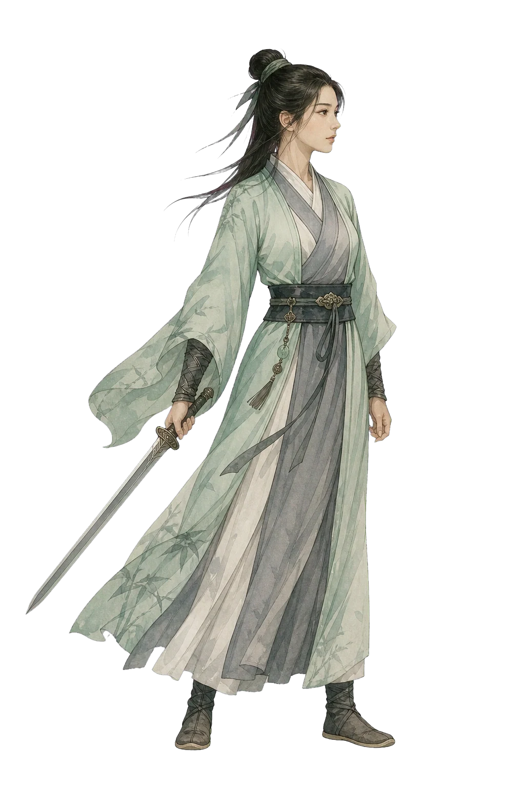 Shen Xiu still holds her drawn sword
