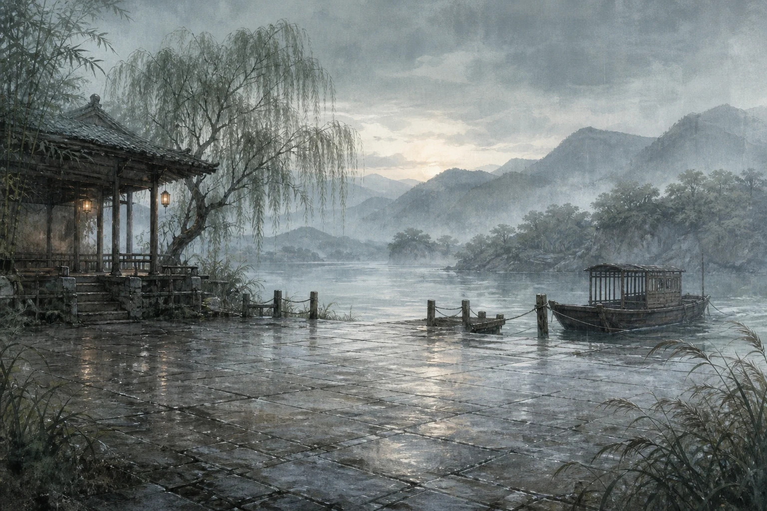 A Jiangnan ferry landing, tea pavilion, and empty boat on a plum-rain morning