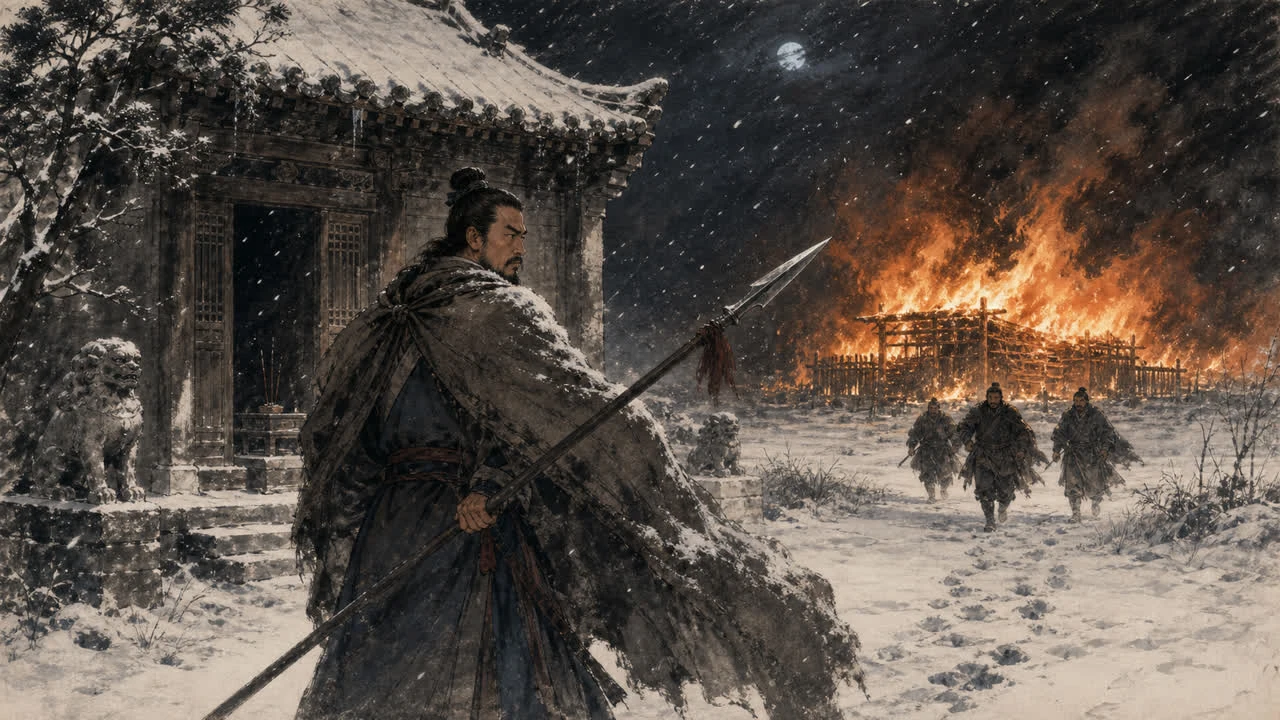 Lin Chong faces his pursuers while the fodder yard burns in the snow