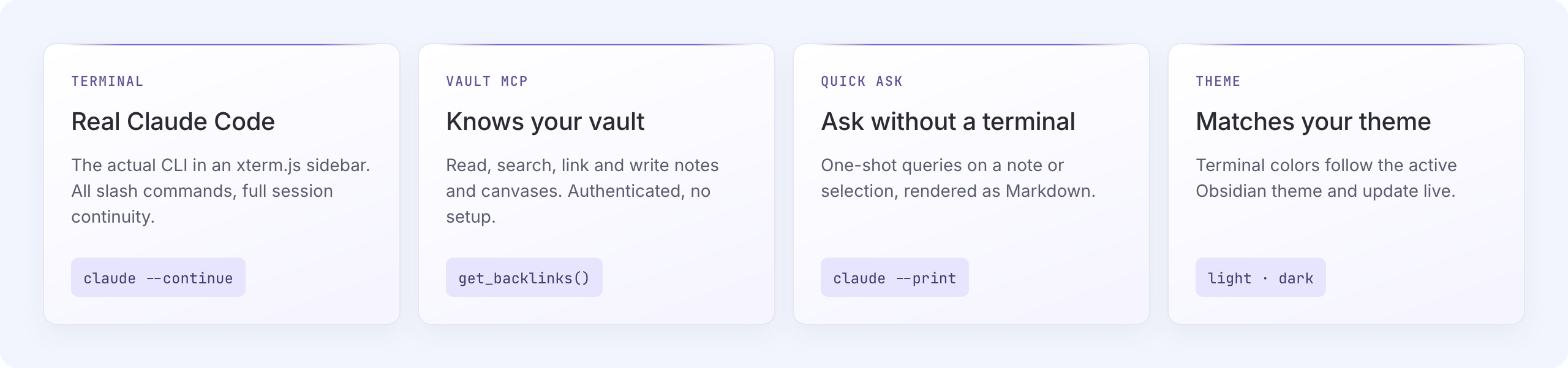 Real Claude Code terminal, vault MCP server, quick ask, theme-adaptive terminal