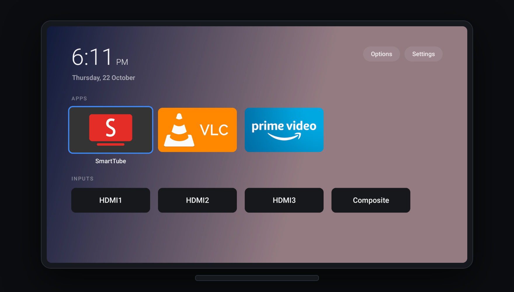 dumbtv home on a television: a clock, an Apps row and an Inputs row