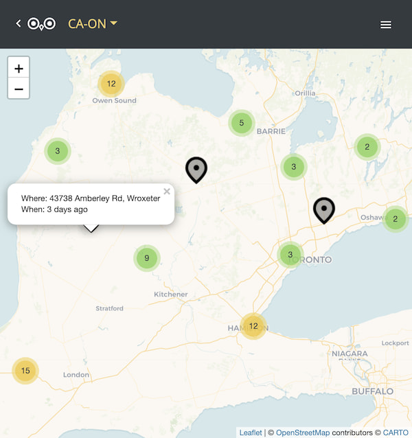 Screenshot of app's map showing sighting data