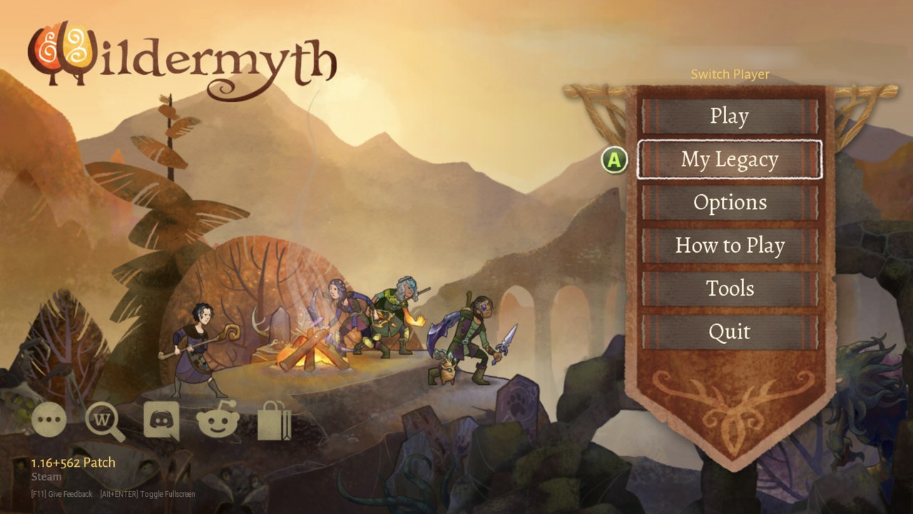 Wildermyth's main menu running on the Thor, with the controller's A prompt