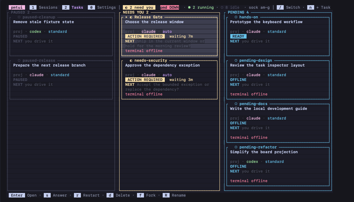 The Tasks view: every session as a card in the Paused, Needs You, Pending, Autopilot and Working columns