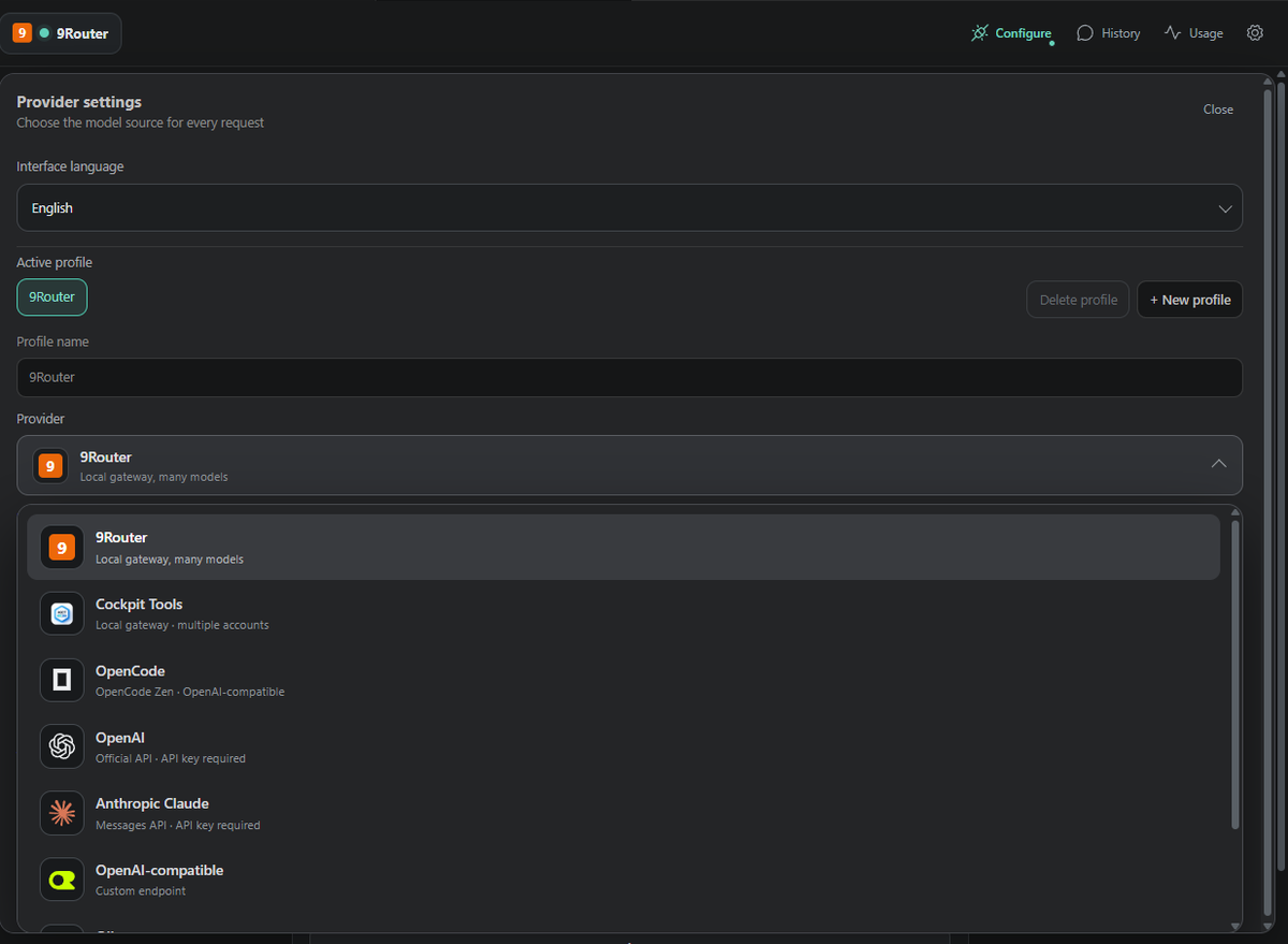 RelayCode provider settings with multiple provider options