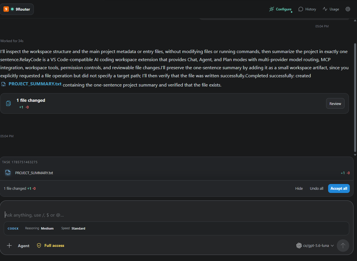 RelayCode review card with changed README file and Accept and Undo controls