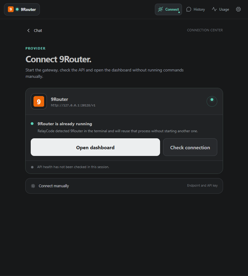 RelayCode Connection Center showing an active 9Router provider