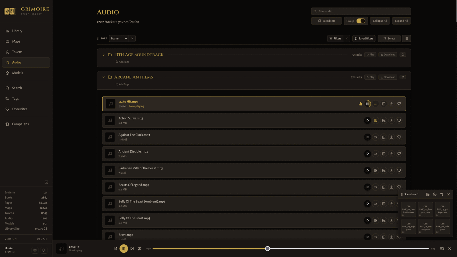 Audio page with soundboard and playlist