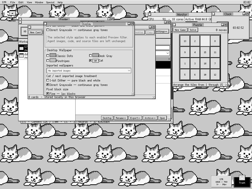 Expanded Display controls with Cat wallpaper, Puzzle, Scrapbook, Knowledge Desk, Finder, Monitor, and Clock